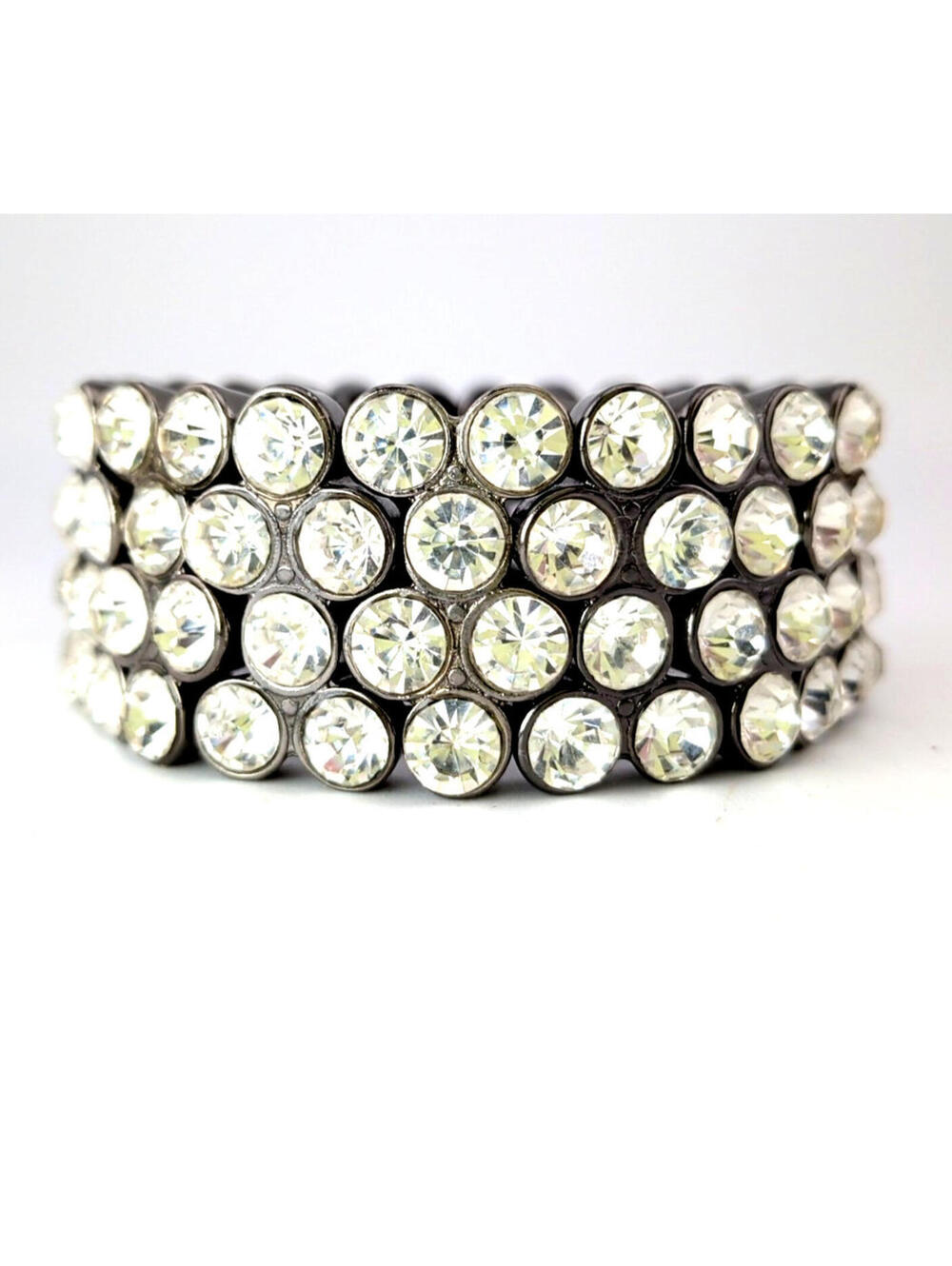 Large Rhinestone Stretch Bracelet w/ Gunmetal Finish Statement Chunky Glam 1"